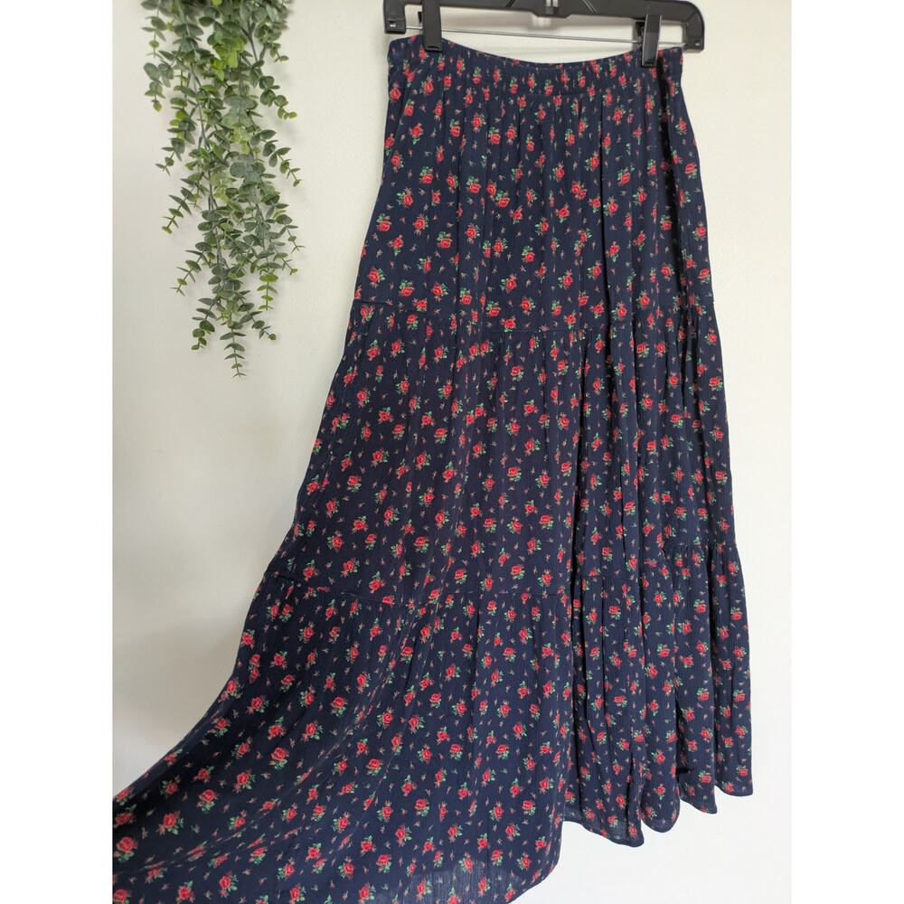 Aerie Floral Navy Tiered Maxi Skirt Comfort Waist Boho - Picture 2 of 4